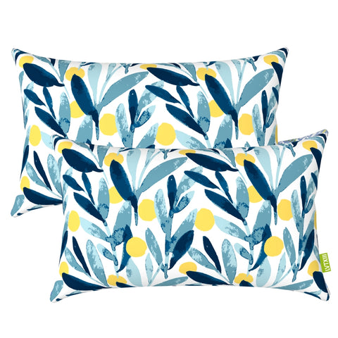 LVTXIII Outdoor Lumbar Pillows Covers 12''×20'' Blue Leaves（Set of 2）